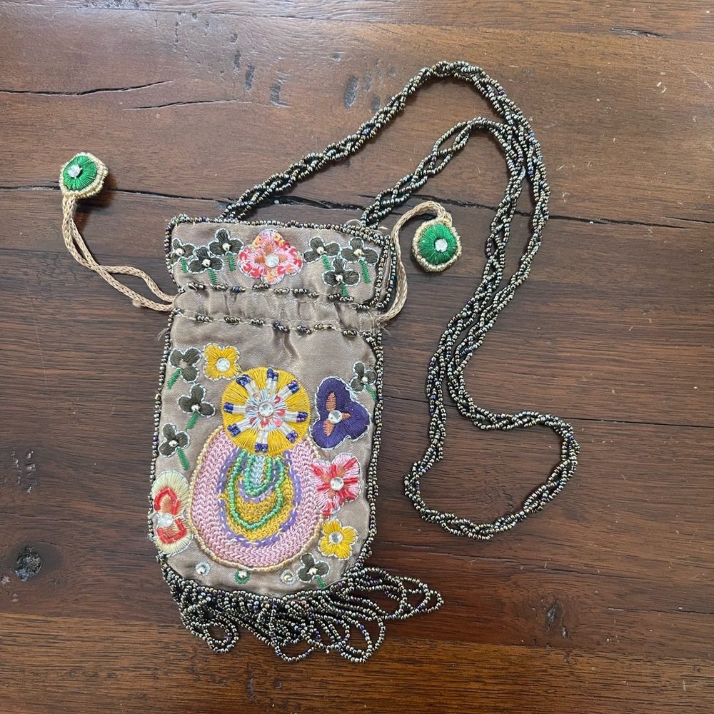 Small hand stitched floral bead and sequins taupe satin bag
